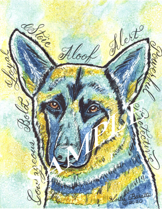 German Shepherd Blue & Gold Dog  Calligraphy Animal Art Print