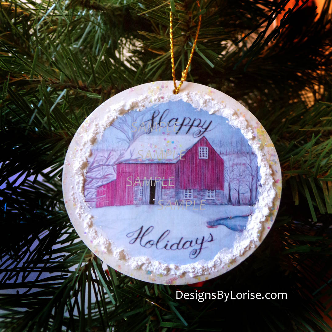 Happy Holidays Red Barn Christmas Ornament